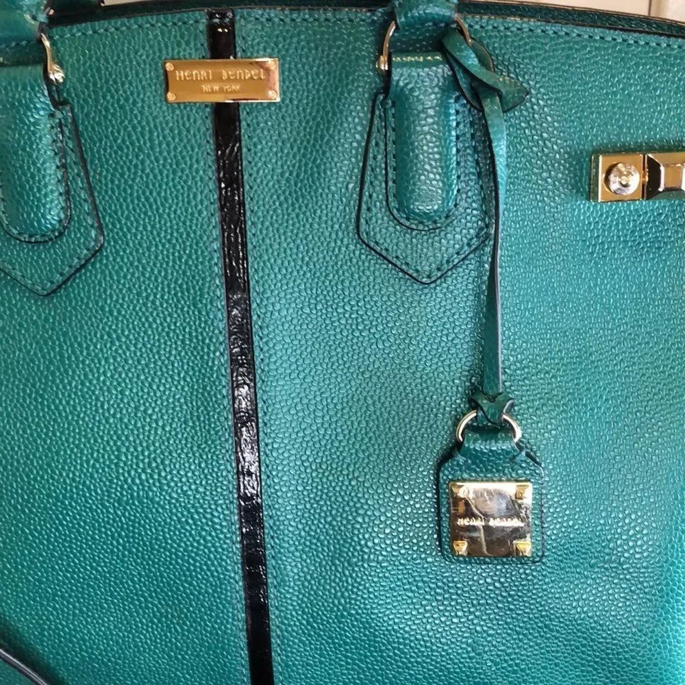 HENRI BENDEL Teal Caviar Carlyle Leather Tote Shoulder Bag Wallet & Strap SET